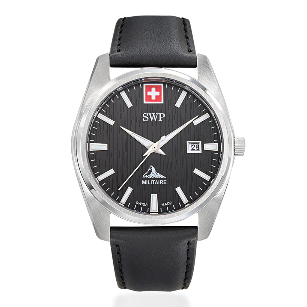 SWP Swiss Militaire Villars Swiss Ronda 515 Watch with a Black Dial and a Black Leather Strap in a 43mm Silver Stainless Steel Case with 5 ATM H226ALN_8741579_2