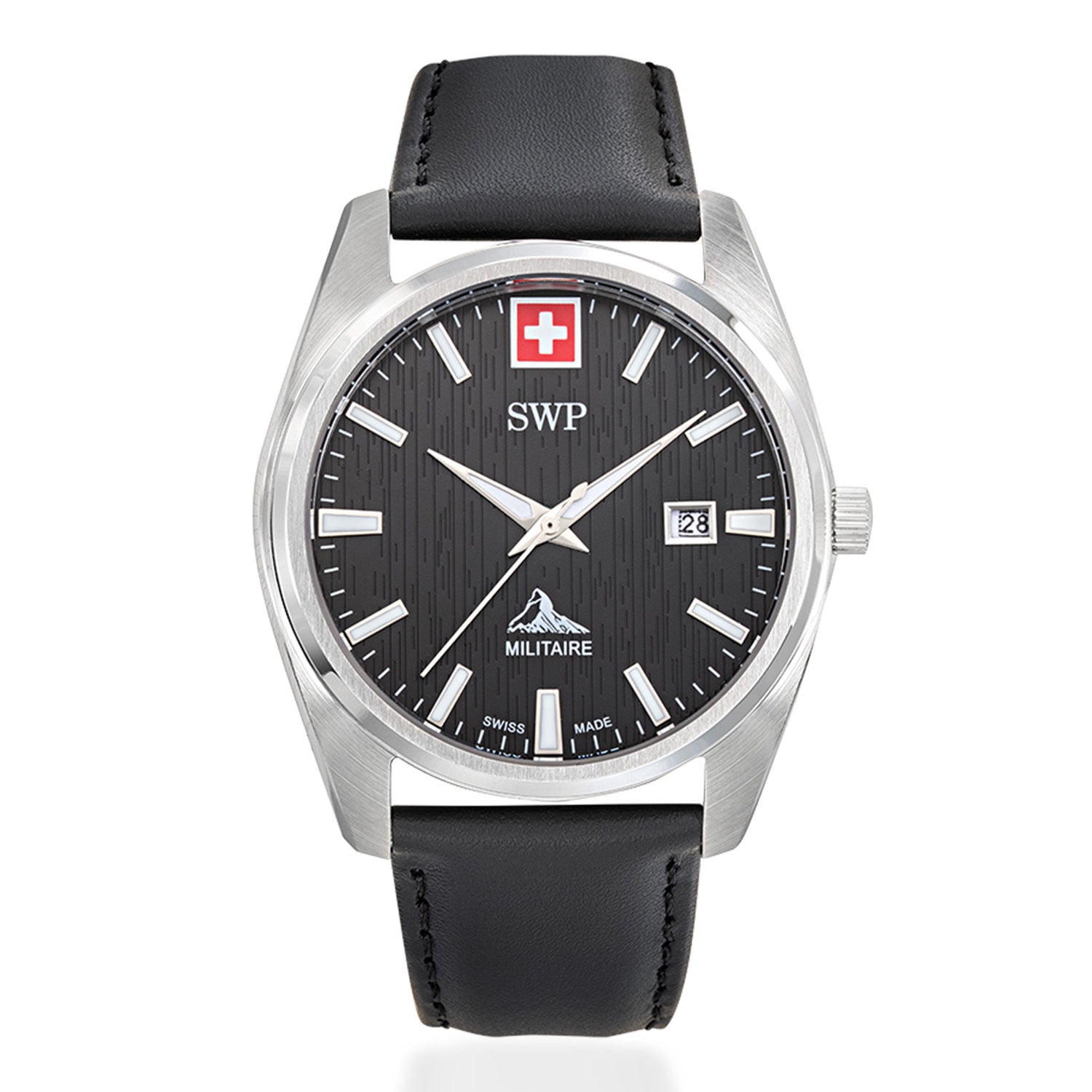 SWP Swiss Militaire Villars Swiss Ronda 515 Watch with a Black Dial and a Black Leather Strap in a 43mm Silver Stainless Steel Case with 5 ATM H226ALN_8741579_2