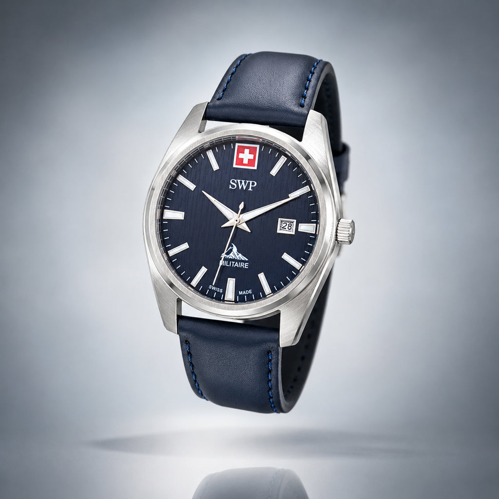 SWP Swiss Militaire Villars Swiss Ronda 515 Watch with a Blue Dial and a Blue Leather Strap in a 43mm Silver Stainless Steel Case with 5 ATM H226ALBU_8741580