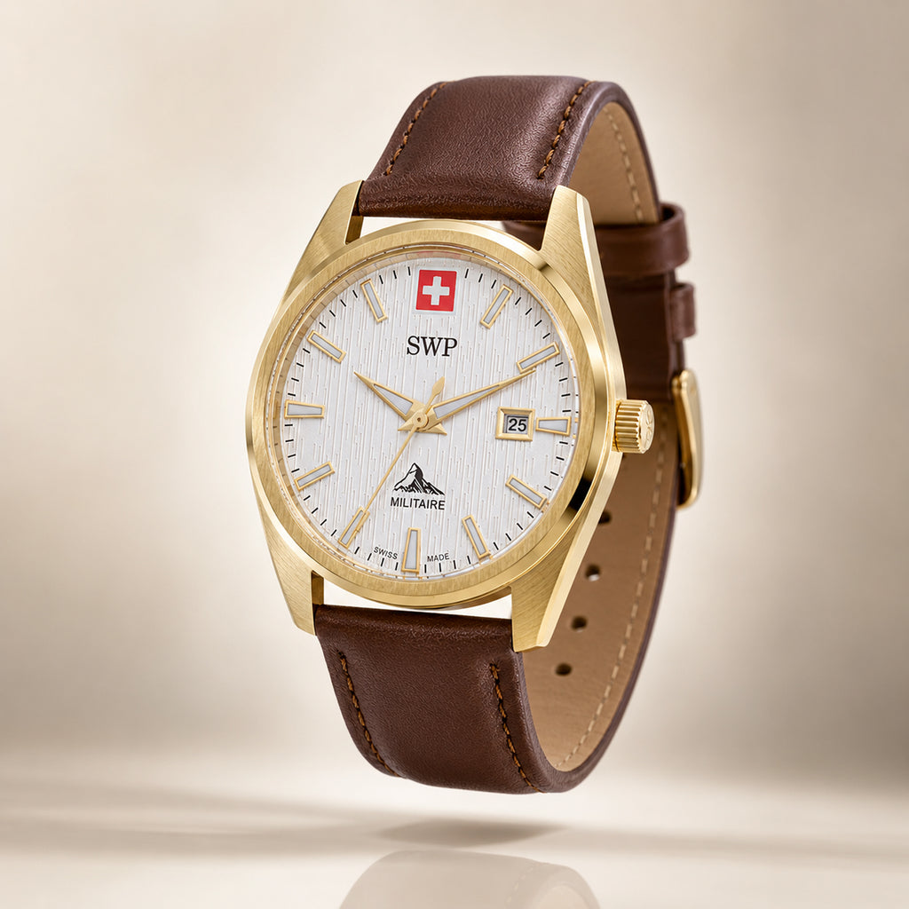 SWP Swiss Militaire Villars Swiss Ronda 515 Watch with a White Dial and a Brown Leather Strap in a 43mm Gold Stainless Steel Case with 5 ATM H226PLI_8741581