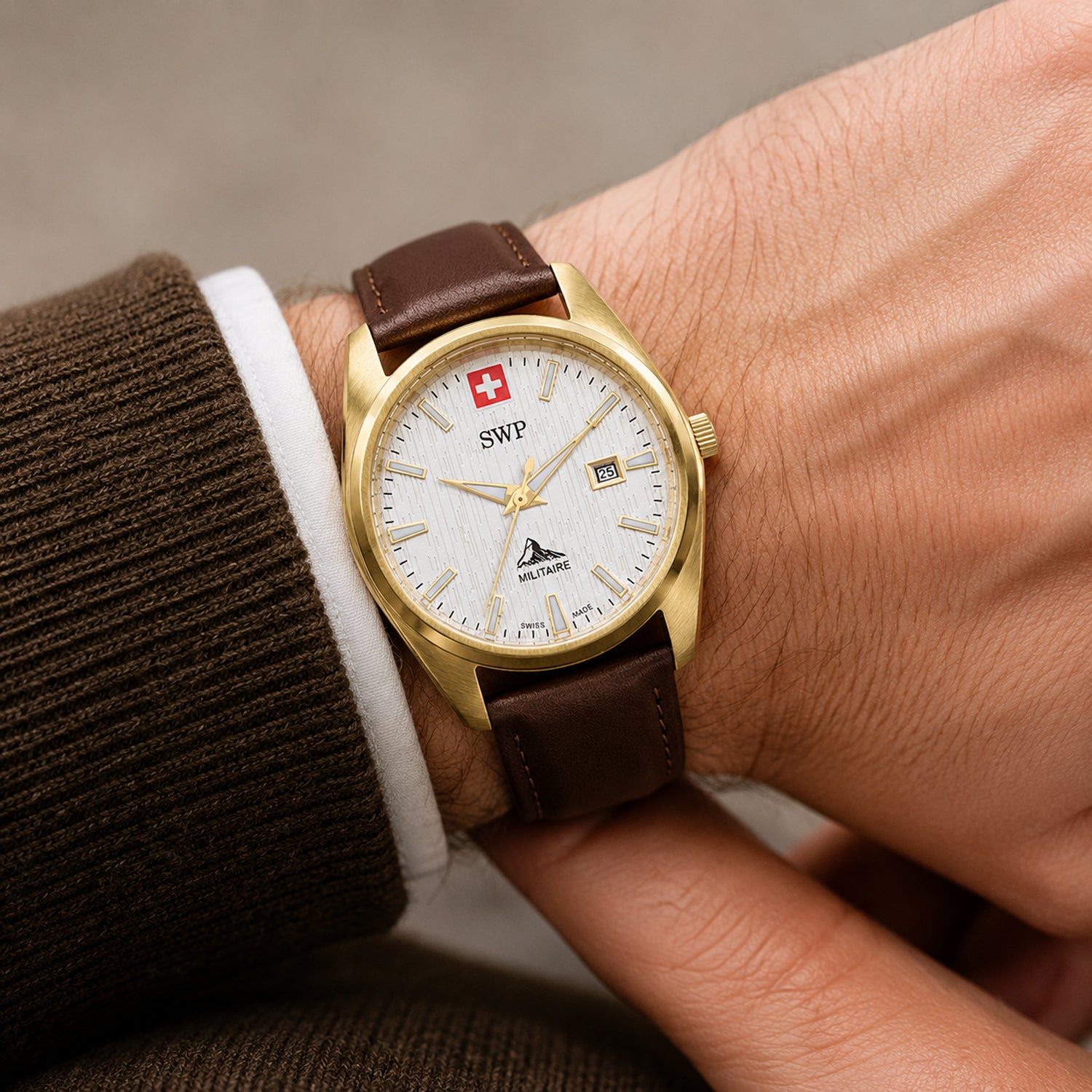 SWP Swiss Militaire Villars Swiss Ronda 515 Watch with a White Dial and a Brown Leather Strap in a 43mm Gold Stainless Steel Case with 5 ATM H226PLI_8741581_1