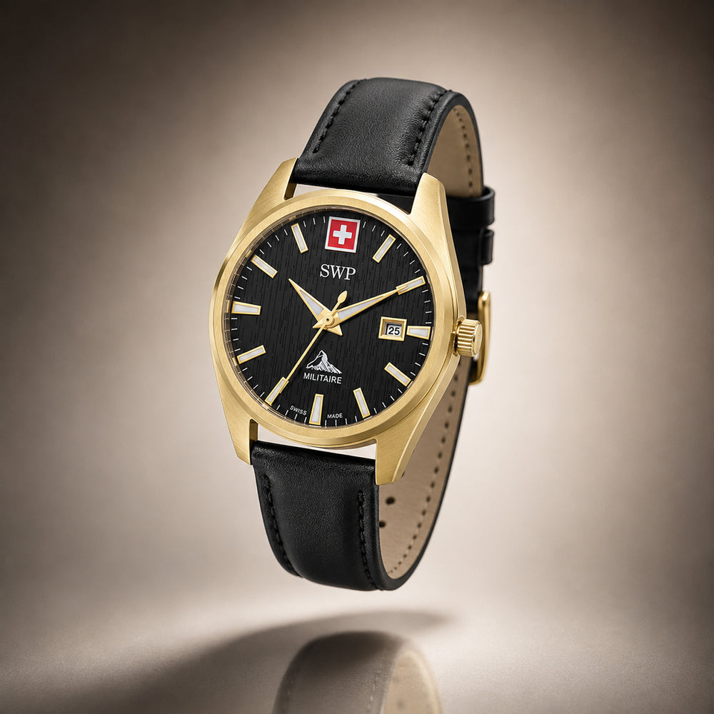 SWP Swiss Militaire Villars Swiss Ronda 515 Watch with a Black Dial and a Black Leather Strap in a 43mm Gold Stainless Steel Case with 5 ATM H226PLN_8741582