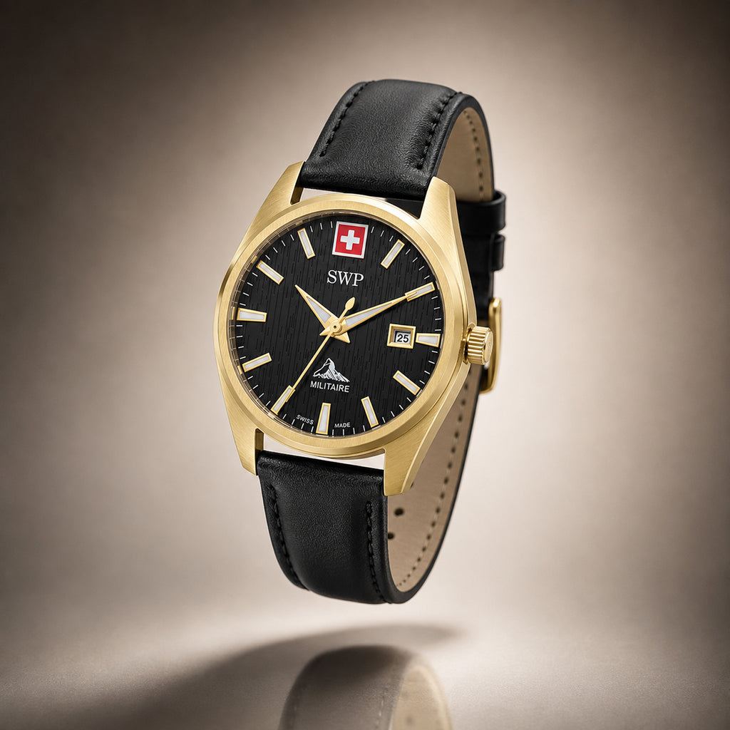 SWP Swiss Militaire Villars Swiss Ronda 515 Watch with a Black Dial and a Black Leather Strap in a 43mm Gold Stainless Steel Case with 5 ATM H226PLN_8741582