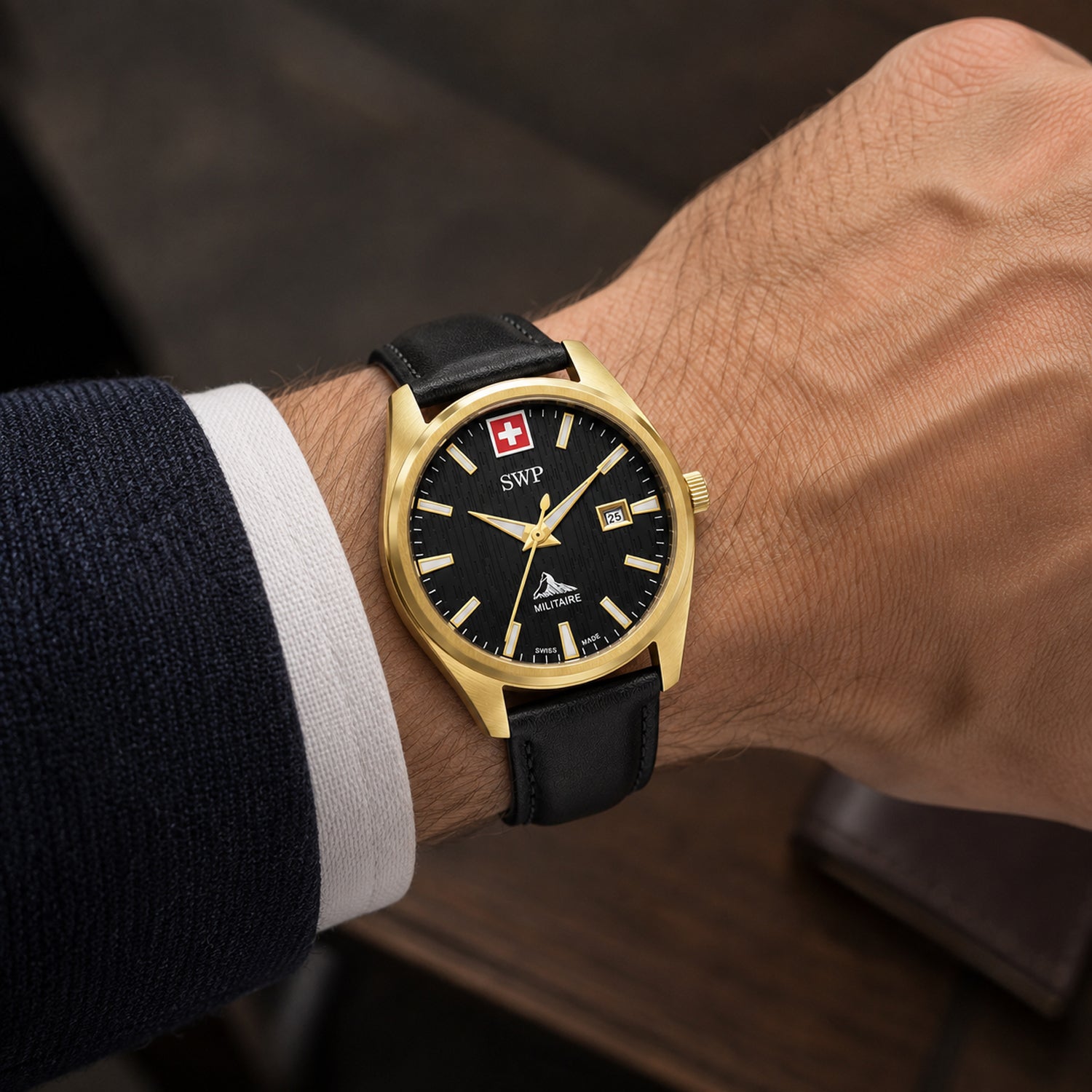 SWP Swiss Militaire Villars Swiss Ronda 515 Watch with a Black Dial and a Black Leather Strap in a 43mm Gold Stainless Steel Case with 5 ATM H226PLN_8741582_1
