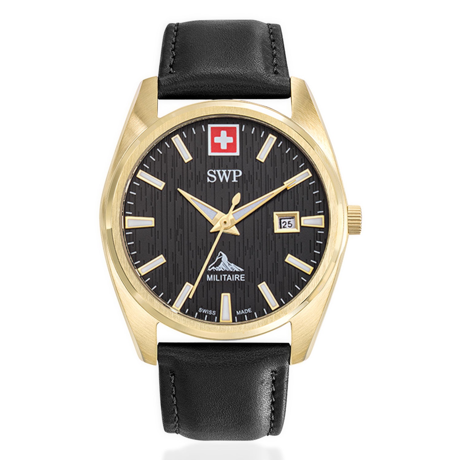 SWP Swiss Militaire Villars Swiss Ronda 515 Watch with a Black Dial and a Black Leather Strap in a 43mm Gold Stainless Steel Case with 5 ATM H226PLN_8741582_2