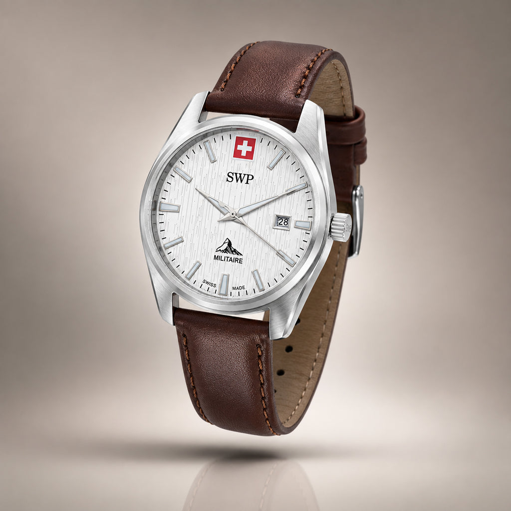 SWP Swiss Militaire Villars Swiss Ronda 585 Watch with a White Dial and a Brown Leather Strap in a 32mm Silver Stainless Steel Case with 5 ATM D226ALI_8741583