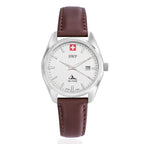 Gents SWP Swiss Militaire Villars Swiss Ronda 585 Watch with a White Dial and a Brown Leather Strap Strap in a 32mm Silver Stainless Steel Case with 5ATM of water resistance._8741583
