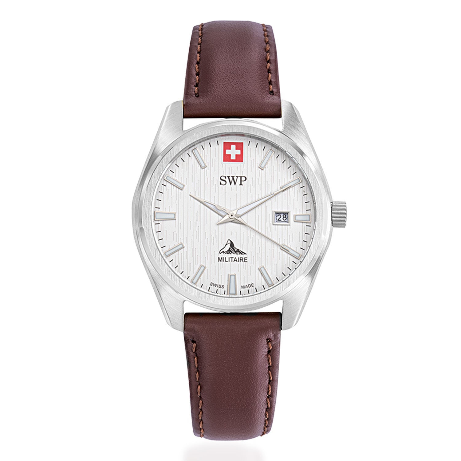 Gents SWP Swiss Militaire Villars Swiss Ronda 585 Watch with a White Dial and a Brown Leather Strap Strap in a 32mm Silver Stainless Steel Case with 5ATM of water resistance._8741583