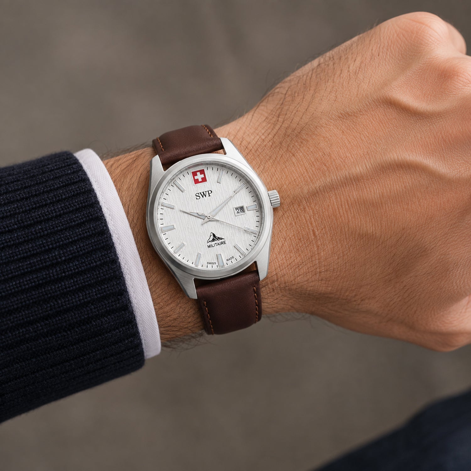 SWP Swiss Militaire Villars Swiss Ronda 585 Watch with a White Dial and a Brown Leather Strap in a 32mm Silver Stainless Steel Case with 5 ATM D226ALI_8741583_1