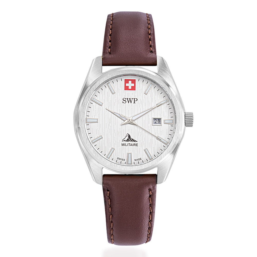 SWP Swiss Militaire Villars Swiss Ronda 585 Watch with a White Dial and a Brown Leather Strap in a 32mm Silver Stainless Steel Case with 5 ATM D226ALI_8741583_2