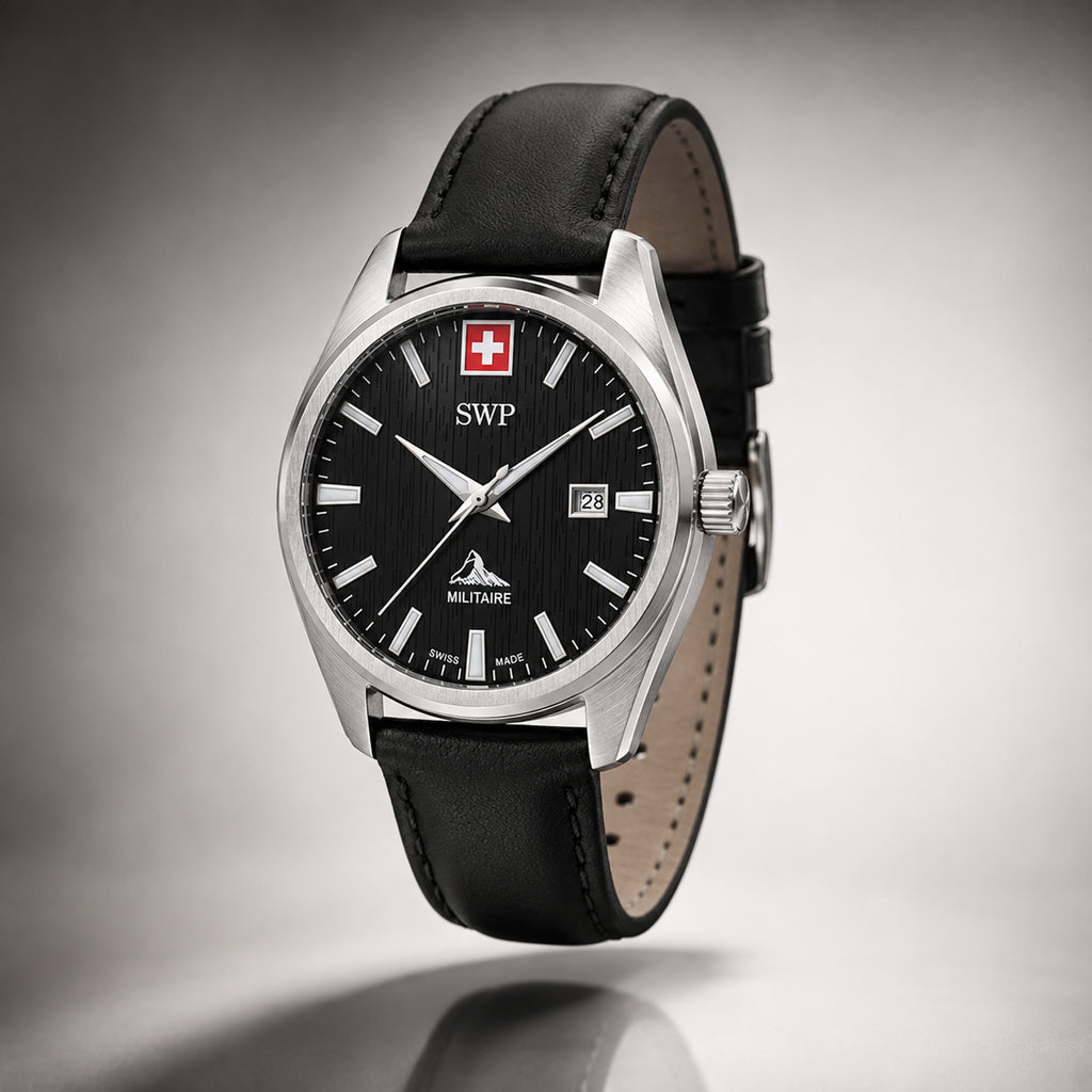 SWP Swiss Militaire Villars Swiss Ronda 585 Watch with a Black Dial and a Black Leather Strap in a 32mm Silver Stainless Steel Case with 5 ATM D226ALN_8741584