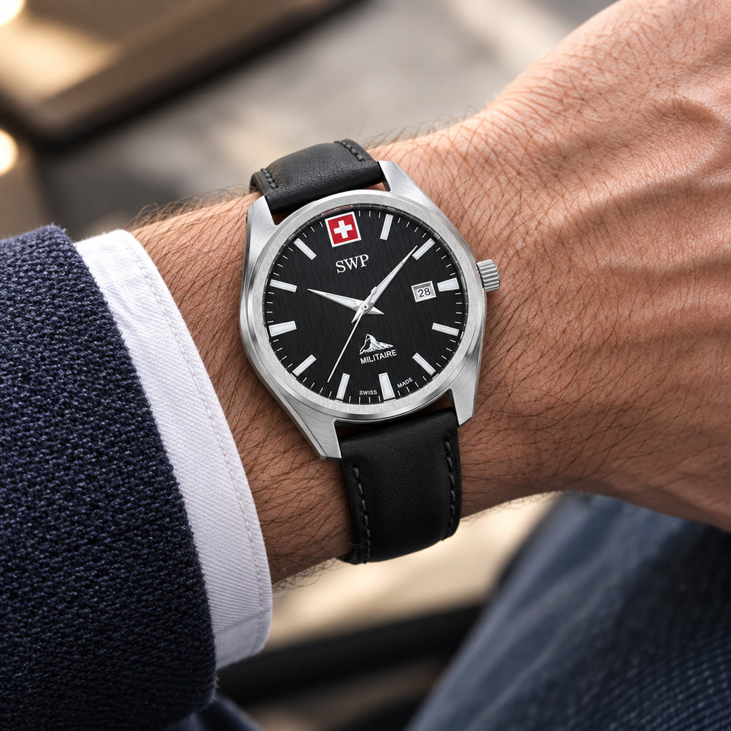 SWP Swiss Militaire Villars Swiss Ronda 585 Watch with a Black Dial and a Black Leather Strap in a 32mm Silver Stainless Steel Case with 5 ATM D226ALN_8741584_1