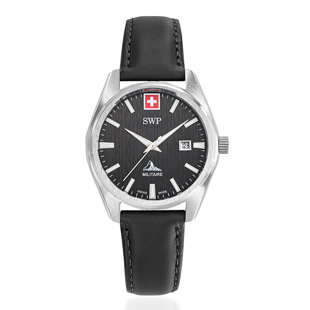 SWP Swiss Militaire Villars Swiss Ronda 585 Watch with a Black Dial and a Black Leather Strap in a 32mm Silver Stainless Steel Case with 5 ATM D226ALN_8741584_2