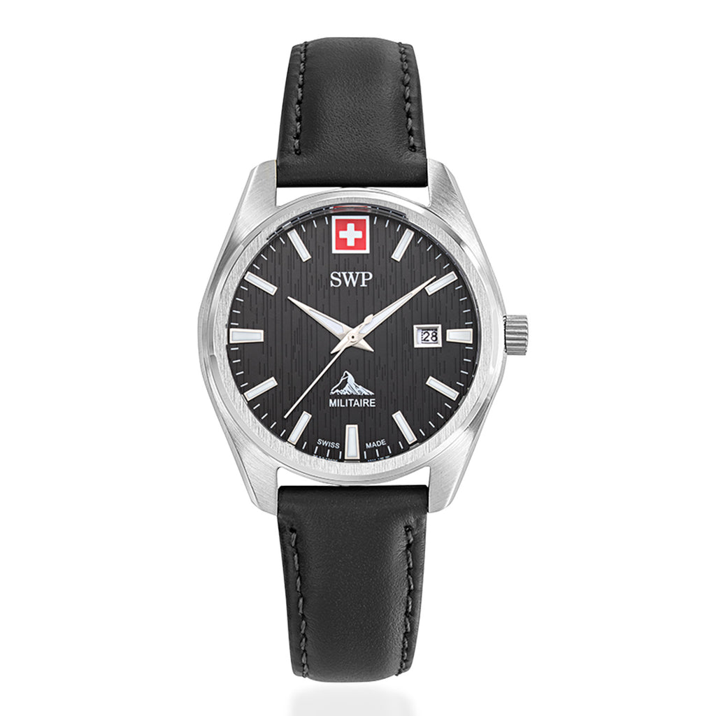 SWP Swiss Militaire Villars Swiss Ronda 585 Watch with a Black Dial and a Black Leather Strap in a 32mm Silver Stainless Steel Case with 5 ATM D226ALN_8741584_2