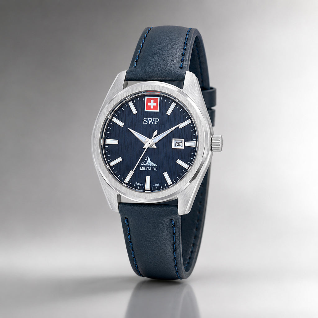 SWP Swiss Militaire Villars Swiss Ronda 585 Watch with a Blue Dial and a Blue Leather Strap in a 32mm Silver Stainless Steel Case with 5 ATM D226ALBU_8741585