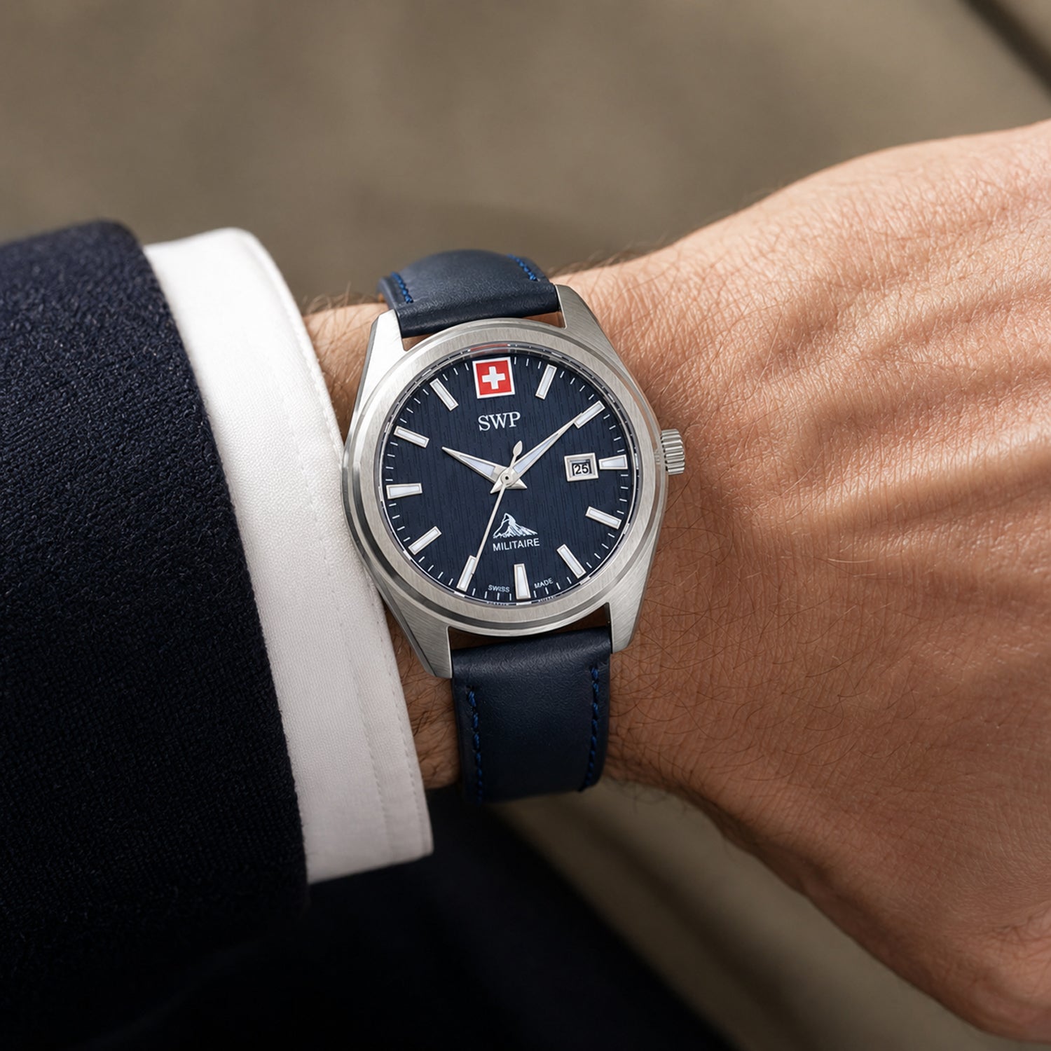 SWP Swiss Militaire Villars Swiss Ronda 585 Watch with a Blue Dial and a Blue Leather Strap in a 32mm Silver Stainless Steel Case with 5 ATM D226ALBU_8741585_1