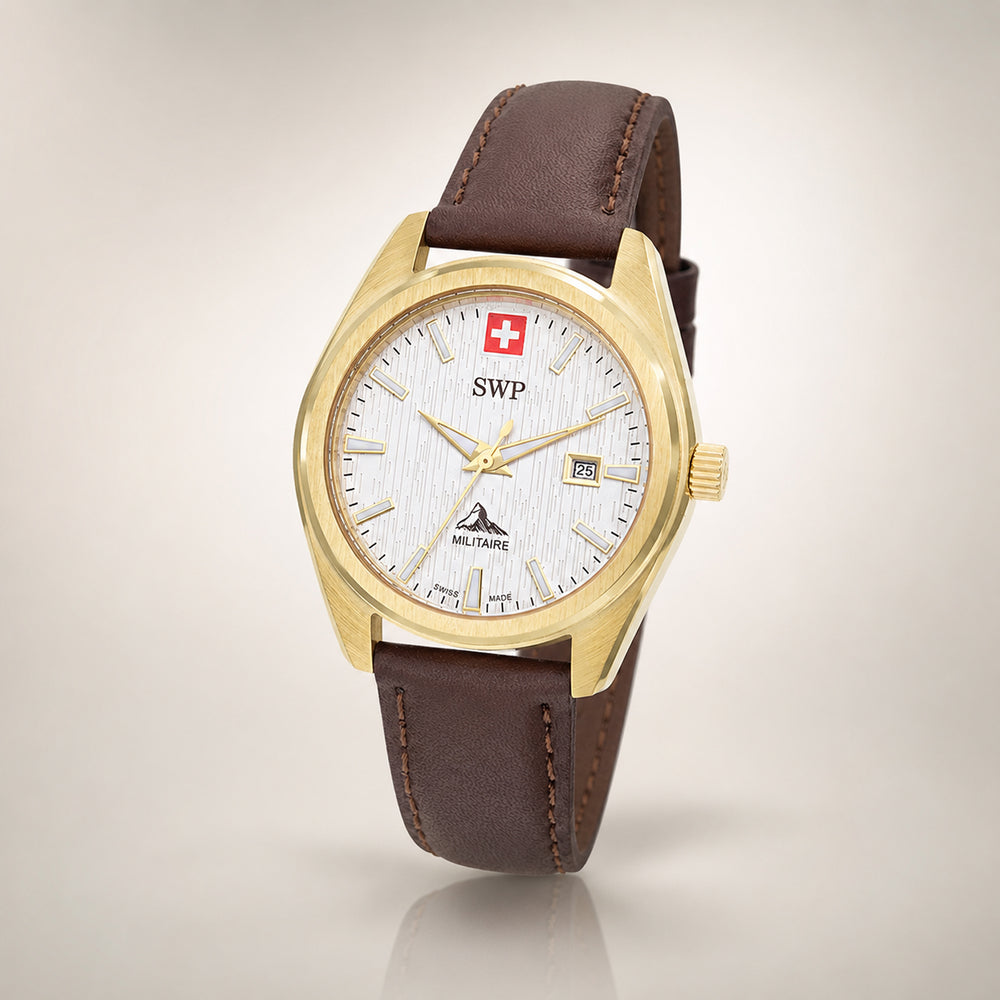 SWP Swiss Militaire Villars Swiss Ronda 585 Watch with a White Dial and a Brown Leather Strap in a 32mm Gold Stainless Steel Case with 5 ATM D226PLI_8741599