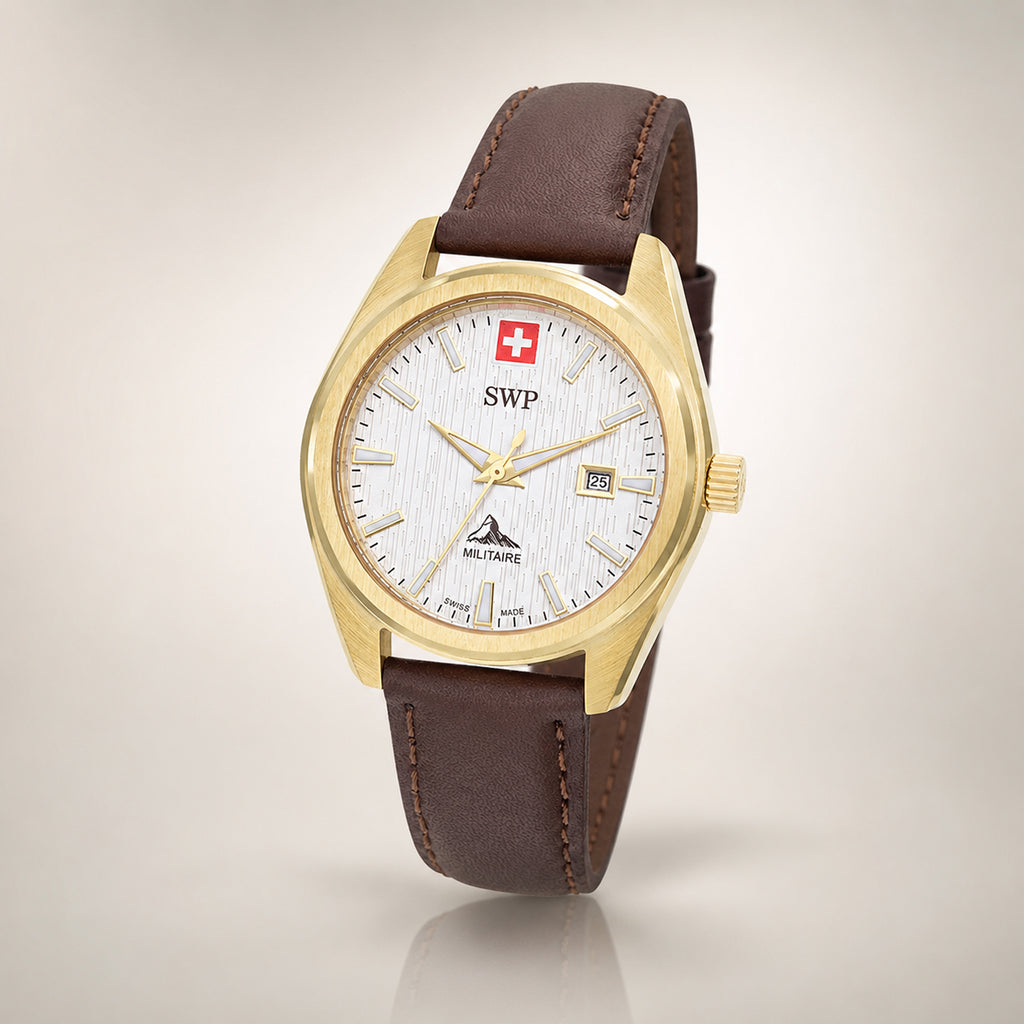 SWP Swiss Militaire Villars Swiss Ronda 585 Watch with a White Dial and a Brown Leather Strap in a 32mm Gold Stainless Steel Case with 5 ATM D226PLI_8741599