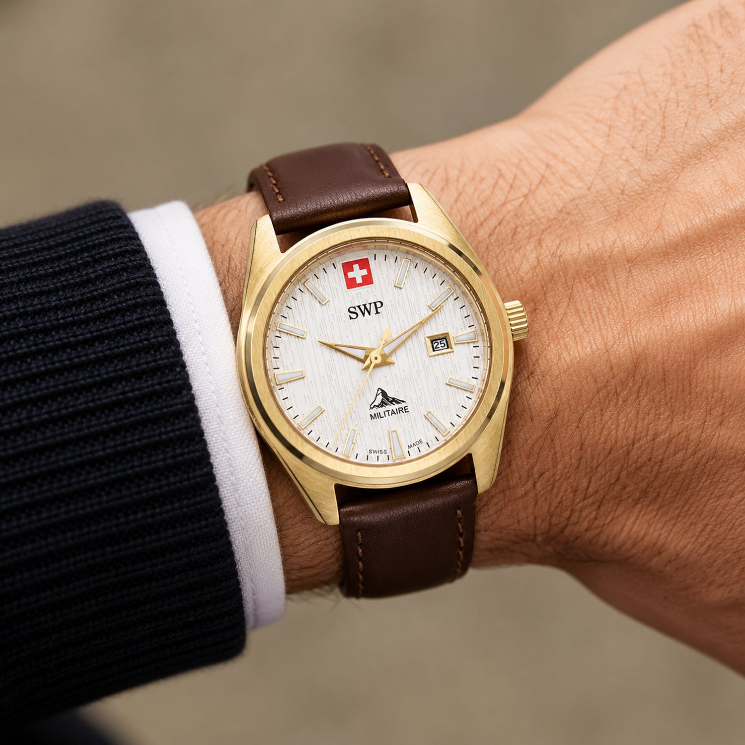 SWP Swiss Militaire Villars Swiss Ronda 585 Watch with a White Dial and a Brown Leather Strap in a 32mm Gold Stainless Steel Case with 5 ATM D226PLI_8741599_1