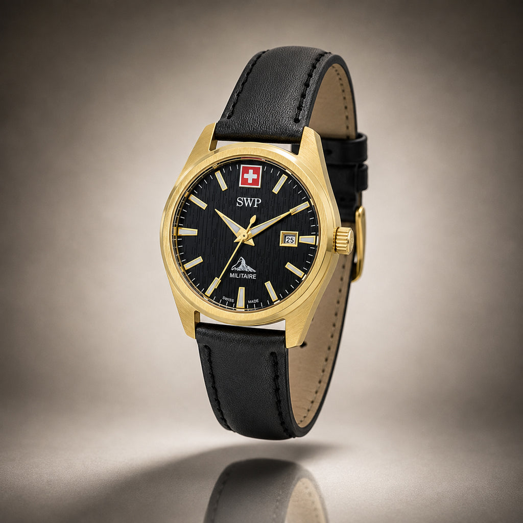 SWP Swiss Militaire Villars Swiss Ronda 585 Watch with a Black Dial and a Black Leather Strap in a 32mm Gold Stainless Steel Case with 5 ATM D226PLN_8741600