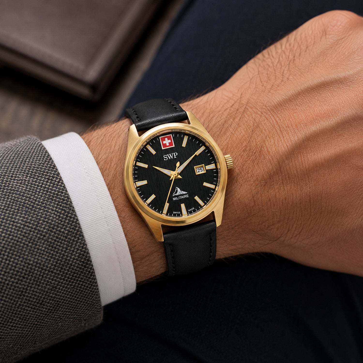 SWP Swiss Militaire Villars Swiss Ronda 585 Watch with a Black Dial and a Black Leather Strap in a 32mm Gold Stainless Steel Case with 5 ATM D226PLN_8741600_1