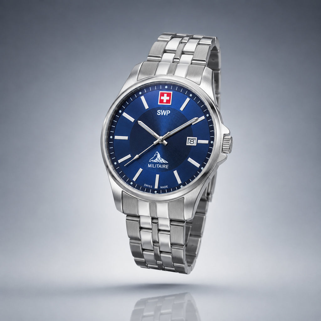 SWP Swiss Militaire Bernina Swiss Ronda 515 Watch with a Blue Dial and a Silver Stainless Steel Strap in a 42mm Silver Stainless Steel Case with 5 ATM H984ABU_8741611