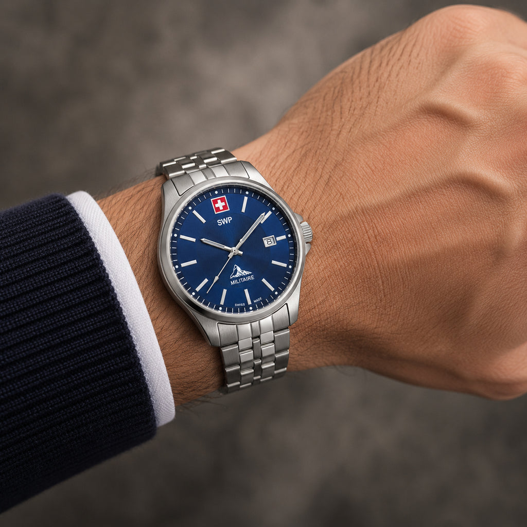 SWP Swiss Militaire Bernina Swiss Ronda 515 Watch with a Blue Dial and a Silver Stainless Steel Strap in a 42mm Silver Stainless Steel Case with 5 ATM H984ABU_8741611_1