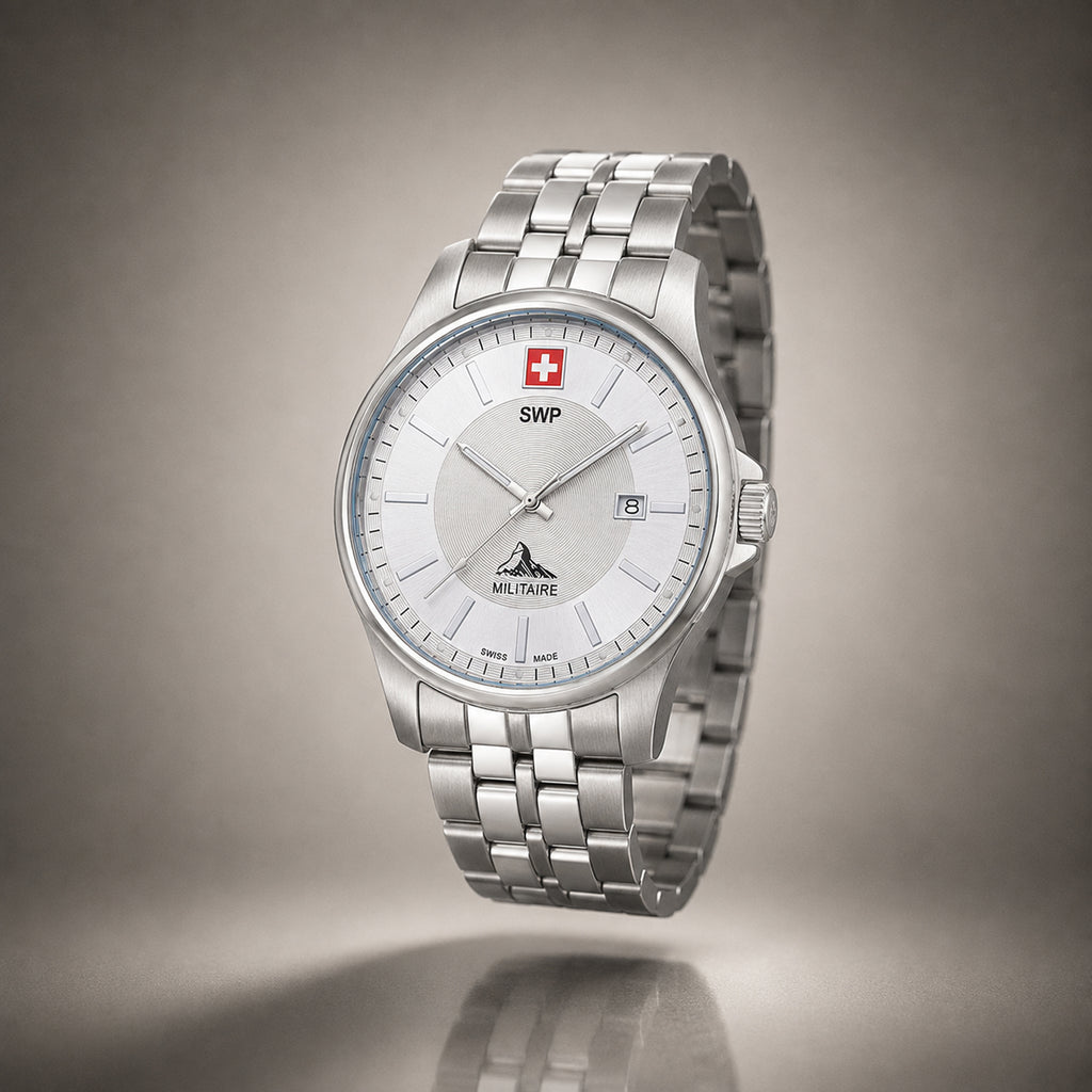SWP Swiss Militaire Bernina Swiss Ronda 515 Watch with a Silver Dial and a Silver Stainless Steel Strap in a 42mm Silver Stainless Steel Case with 5 ATM H984AI_8741612