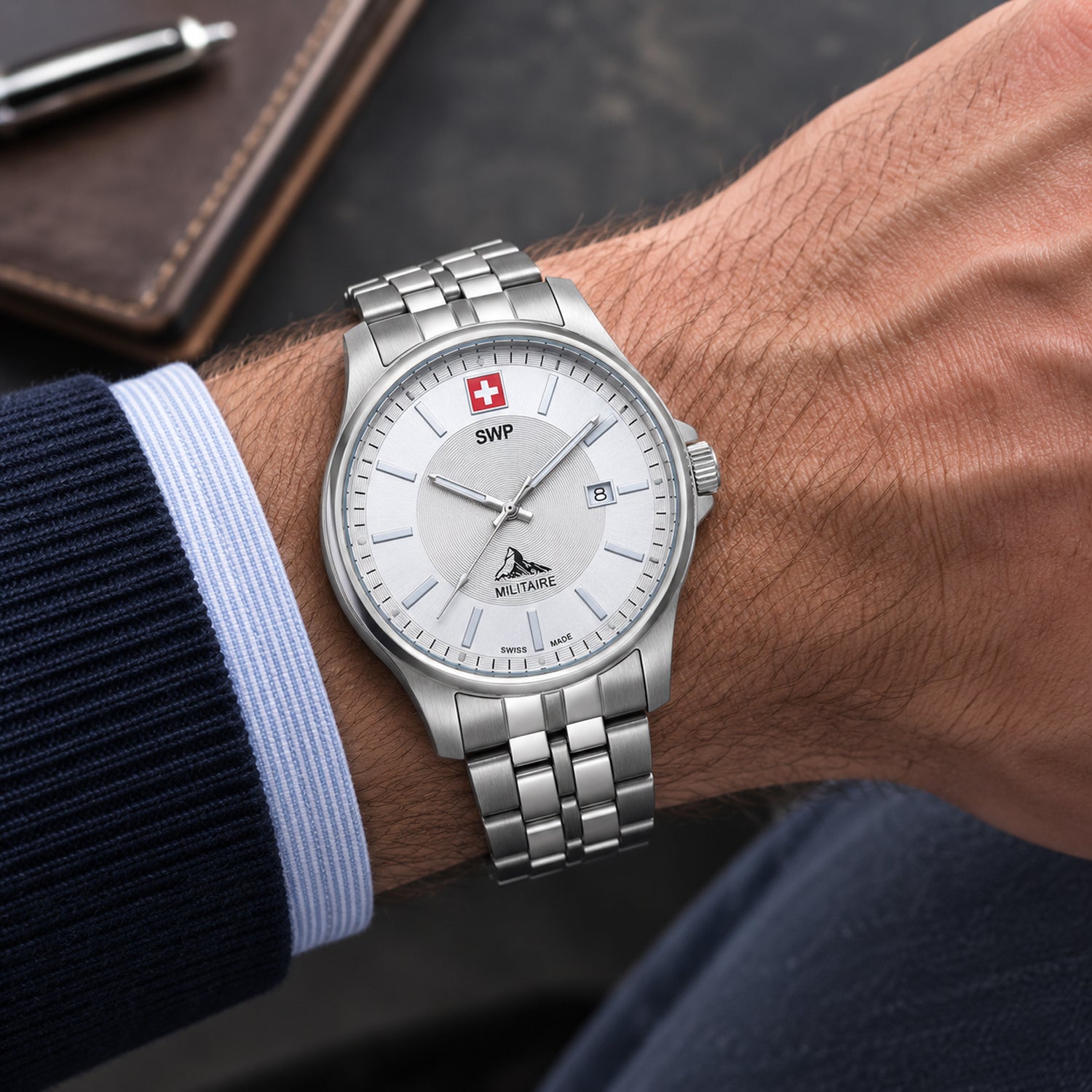 SWP Swiss Militaire Bernina Swiss Ronda 515 Watch with a Silver Dial and a Silver Stainless Steel Strap in a 42mm Silver Stainless Steel Case with 5 ATM H984AI_8741612_1
