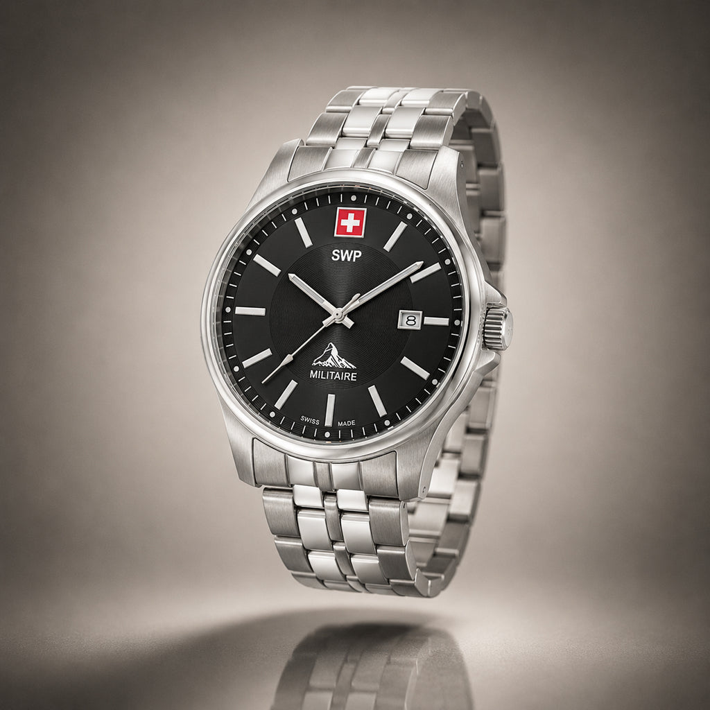 SWP Swiss Militaire Bernina Swiss Ronda 515 Watch with a Black Dial and a Silver Stainless Steel Strap in a 42mm Silver Stainless Steel Case with 5 ATM H984AN_8741613