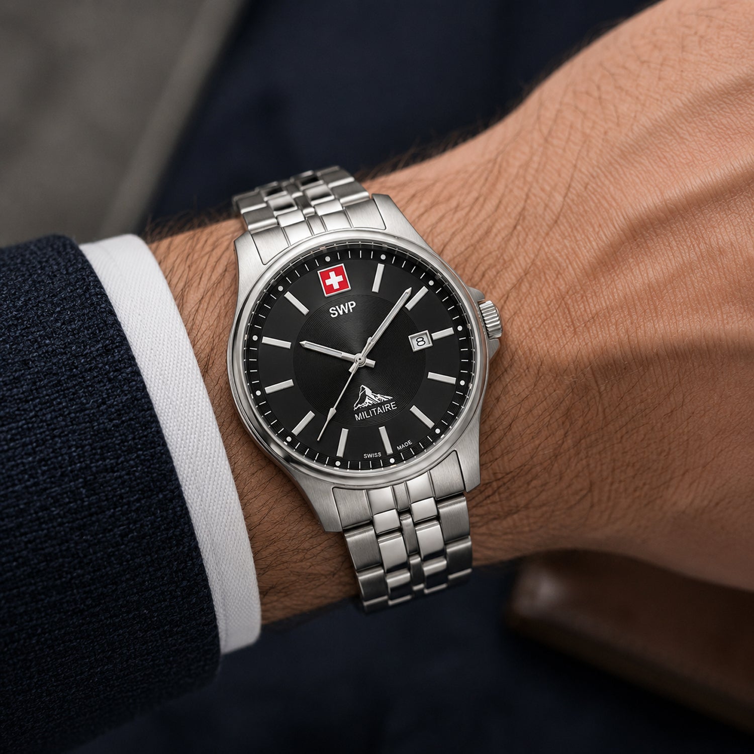 SWP Swiss Militaire Bernina Swiss Ronda 515 Watch with a Black Dial and a Silver Stainless Steel Strap in a 42mm Silver Stainless Steel Case with 5 ATM H984AN_8741613_1