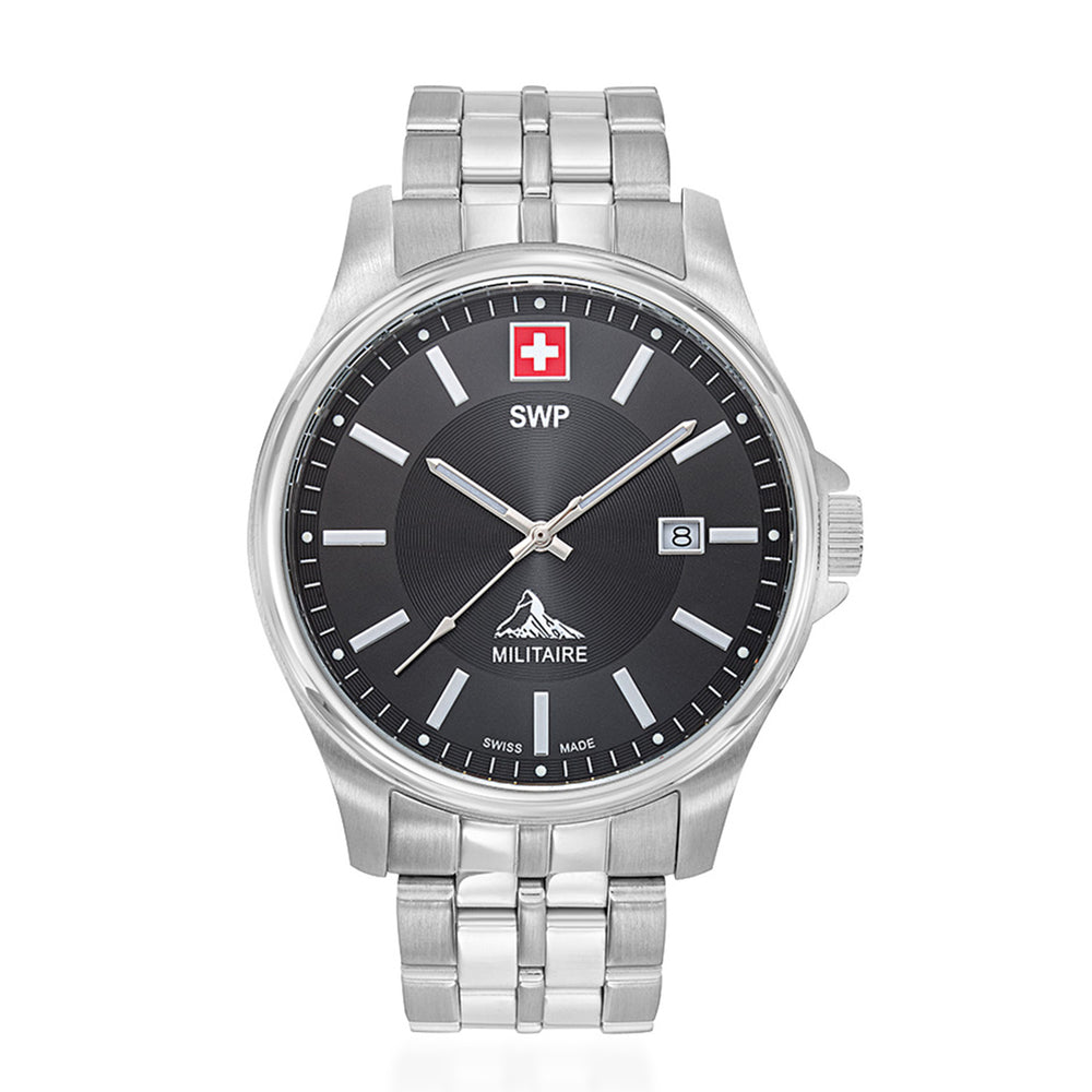 SWP Swiss Militaire Bernina Swiss Ronda 515 Watch with a Black Dial and a Silver Stainless Steel Strap in a 42mm Silver Stainless Steel Case with 5 ATM H984AN_8741613_2