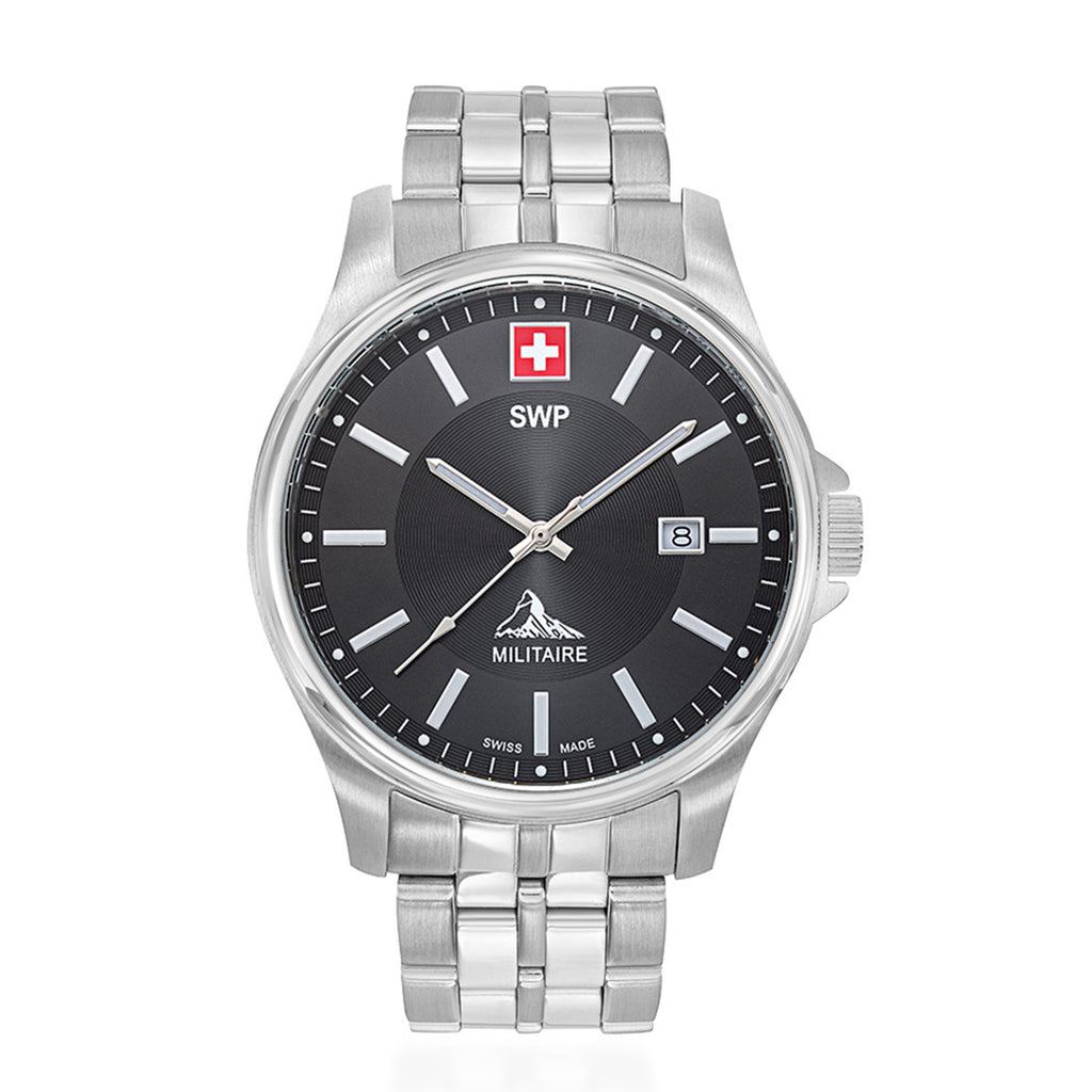 SWP Swiss Militaire Bernina Swiss Ronda 515 Watch with a Black Dial and a Silver Stainless Steel Strap in a 42mm Silver Stainless Steel Case with 5 ATM H984AN_8741613_2