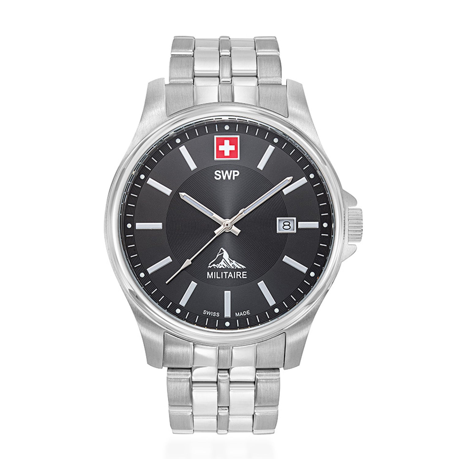 SWP Swiss Militaire Bernina Swiss Ronda 515 Watch with a Black Dial and a Silver Stainless Steel Strap in a 42mm Silver Stainless Steel Case with 5 ATM H984AN_8741613_2