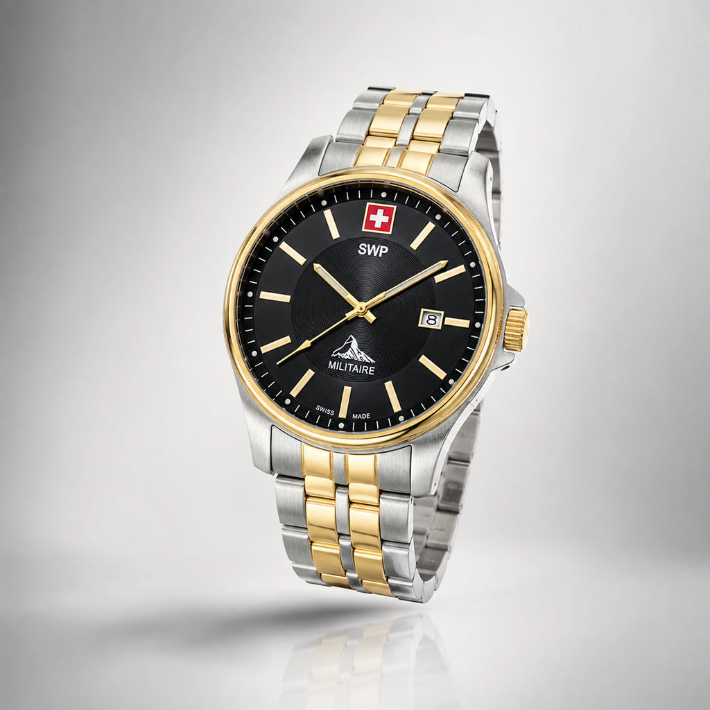 SWP Swiss Militaire Bernina Swiss Ronda 515 Watch with a Black Dial and a Silver and Gold Stainless Steel Strap in a 42mm Silver and Gold Stainless Steel Case with 5 ATM H984BN_8741614