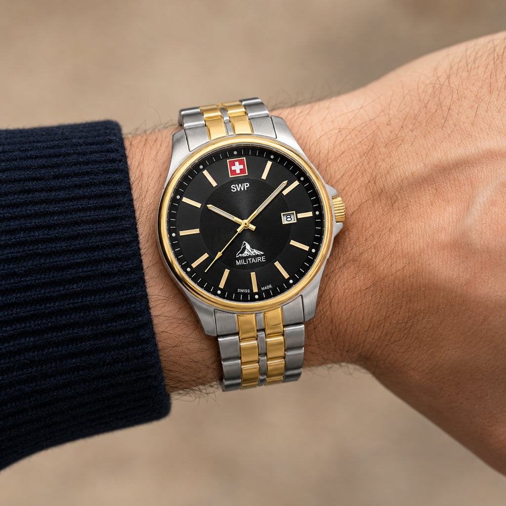 SWP Swiss Militaire Bernina Swiss Ronda 515 Watch with a Black Dial and a Silver and Gold Stainless Steel Strap in a 42mm Silver and Gold Stainless Steel Case with 5 ATM H984BN_8741614_1