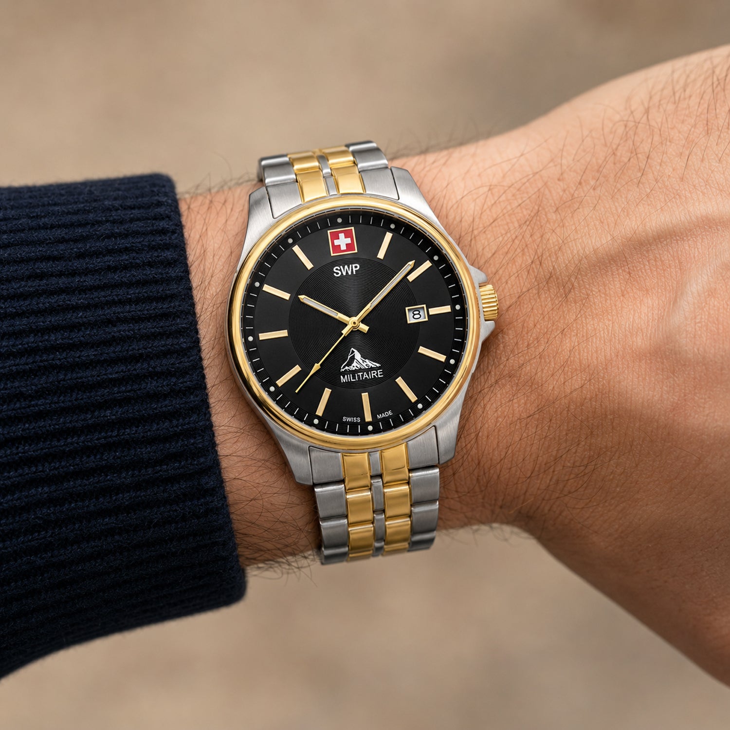 SWP Swiss Militaire Bernina Swiss Ronda 515 Watch with a Black Dial and a Silver and Gold Stainless Steel Strap in a 42mm Silver and Gold Stainless Steel Case with 5 ATM H984BN_8741614_1