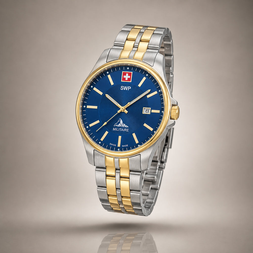SWP Swiss Militaire Bernina Swiss Ronda 515 Watch with a Blue Dial and a Silver and Gold Stainless Steel Strap in a 42mm Silver and Gold Stainless Steel Case with 5 ATM H984BBBU_8741615