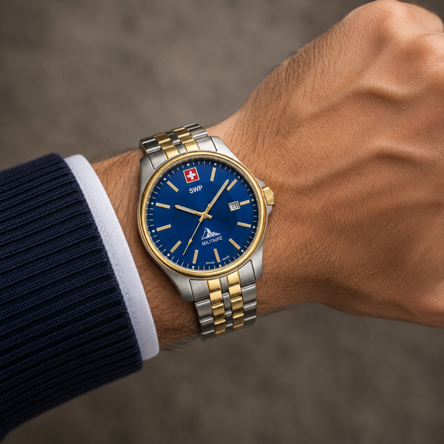 SWP Swiss Militaire Bernina Swiss Ronda 515 Watch with a Blue Dial and a Silver and Gold Stainless Steel Strap in a 42mm Silver and Gold Stainless Steel Case with 5 ATM H984BBBU_8741615_1