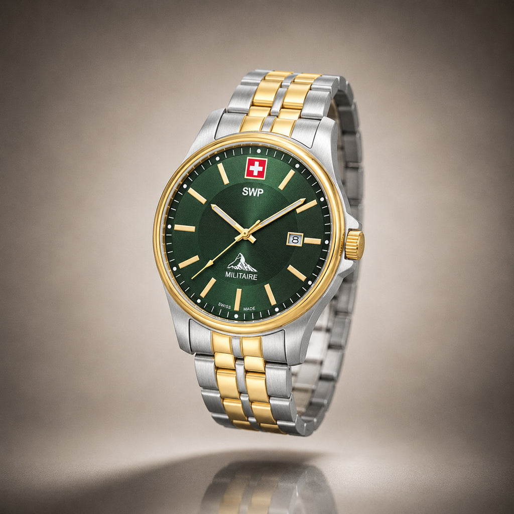SWP Swiss Militaire Bernina Swiss Ronda 515 Watch with a Green Dial and a Silver and Gold Stainless Steel Strap in a 42mm Silver and Gold Stainless Steel Case with 5 ATM H984BV_8741621