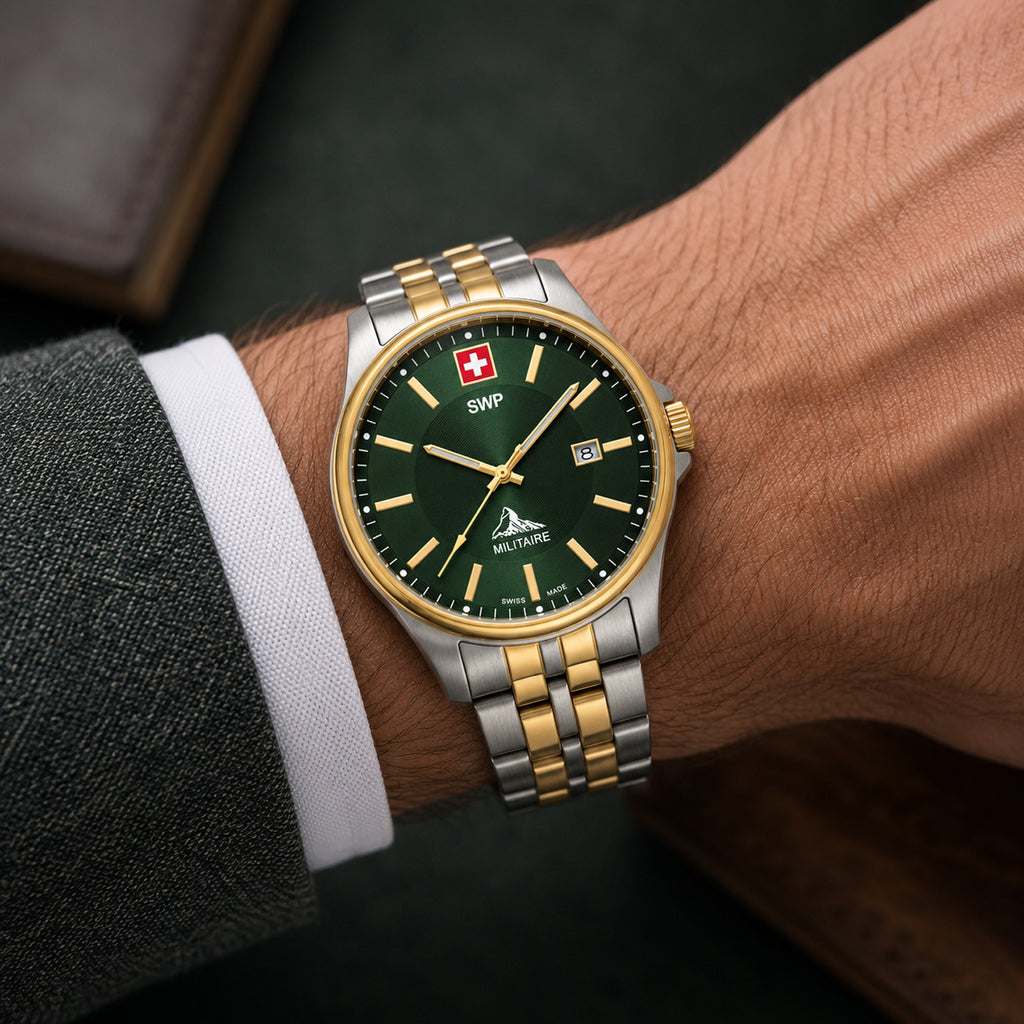 SWP Swiss Militaire Bernina Swiss Ronda 515 Watch with a Green Dial and a Silver and Gold Stainless Steel Strap in a 42mm Silver and Gold Stainless Steel Case with 5 ATM H984BV_8741621_1