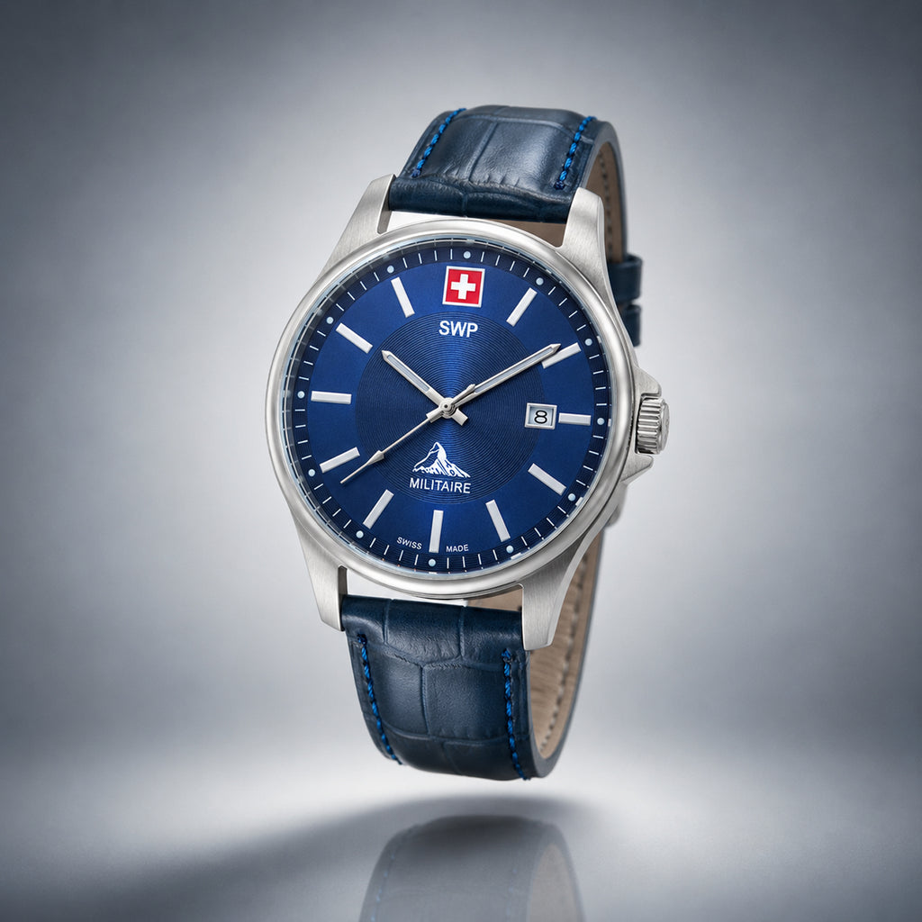 SWP Swiss Militaire Bernina Swiss Ronda 515 Watch with a Blue Dial and a Blue Leather Strap in a 42mm Silver Stainless Steel Case with 5 ATM H984ALBU_8741622