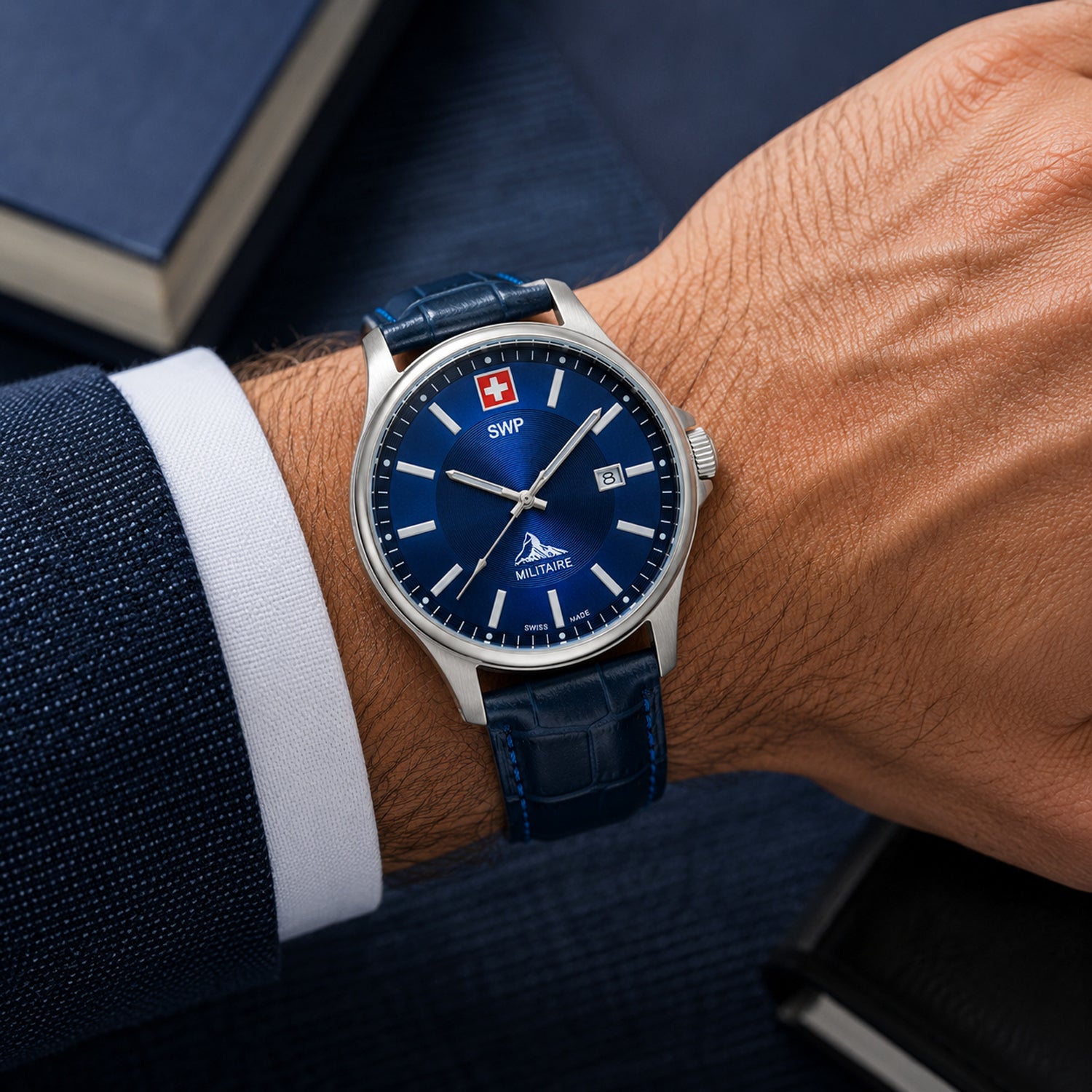 SWP Swiss Militaire Bernina Swiss Ronda 515 Watch with a Blue Dial and a Blue Leather Strap in a 42mm Silver Stainless Steel Case with 5 ATM H984ALBU_8741622_1
