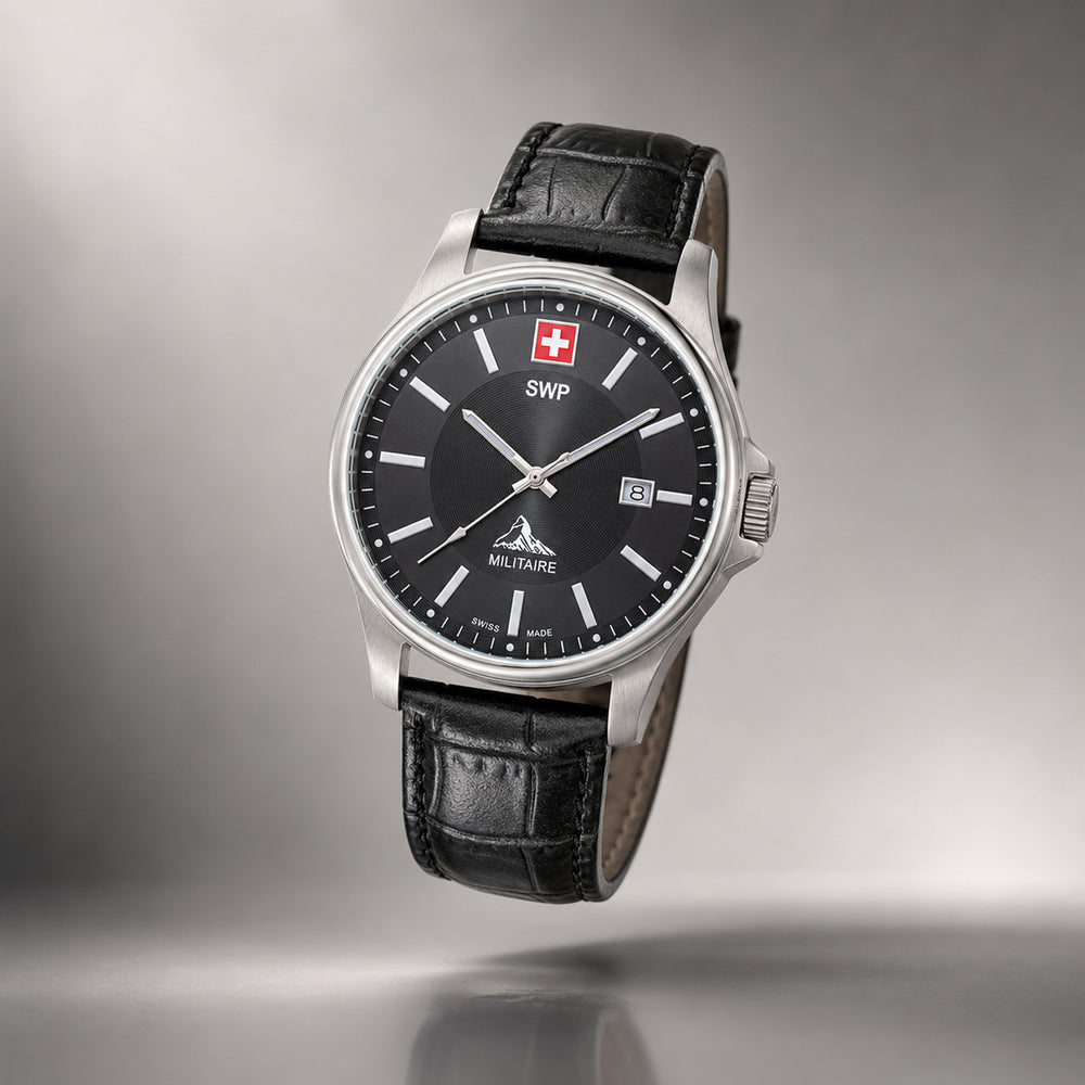 SWP Swiss Militaire Bernina Swiss Ronda 515 Watch with a Black Dial and a Black Leather Strap in a 42mm Silver Stainless Steel Case with 5 ATM H984ALN_8741623