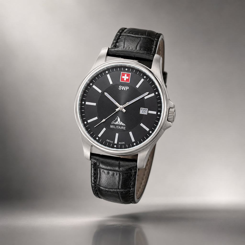 SWP Swiss Militaire Bernina Swiss Ronda 515 Watch with a Black Dial and a Black Leather Strap in a 42mm Silver Stainless Steel Case with 5 ATM H984ALN_8741623