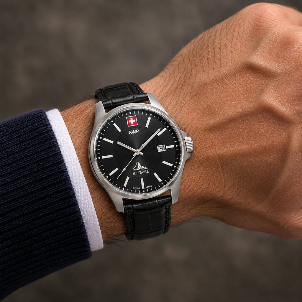 SWP Swiss Militaire Bernina Swiss Ronda 515 Watch with a Black Dial and a Black Leather Strap in a 42mm Silver Stainless Steel Case with 5 ATM H984ALN_8741623_1