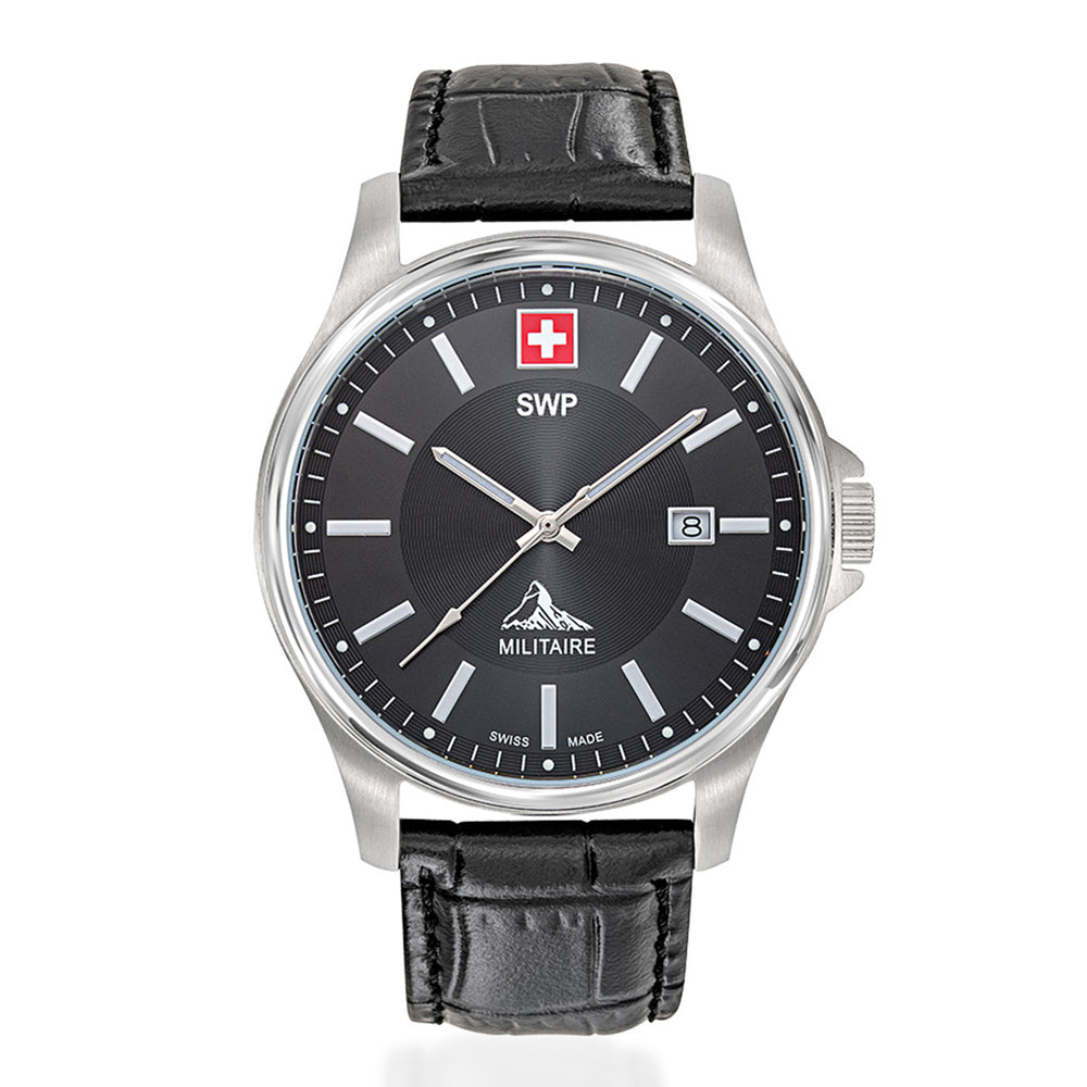 SWP Swiss Militaire Bernina Swiss Ronda 515 Watch with a Black Dial and a Black Leather Strap in a 42mm Silver Stainless Steel Case with 5 ATM H984ALN_8741623_2