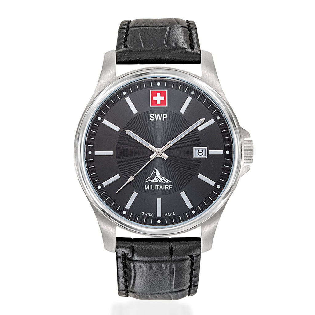 SWP Swiss Militaire Bernina Swiss Ronda 515 Watch with a Black Dial and a Black Leather Strap in a 42mm Silver Stainless Steel Case with 5 ATM H984ALN_8741623_2