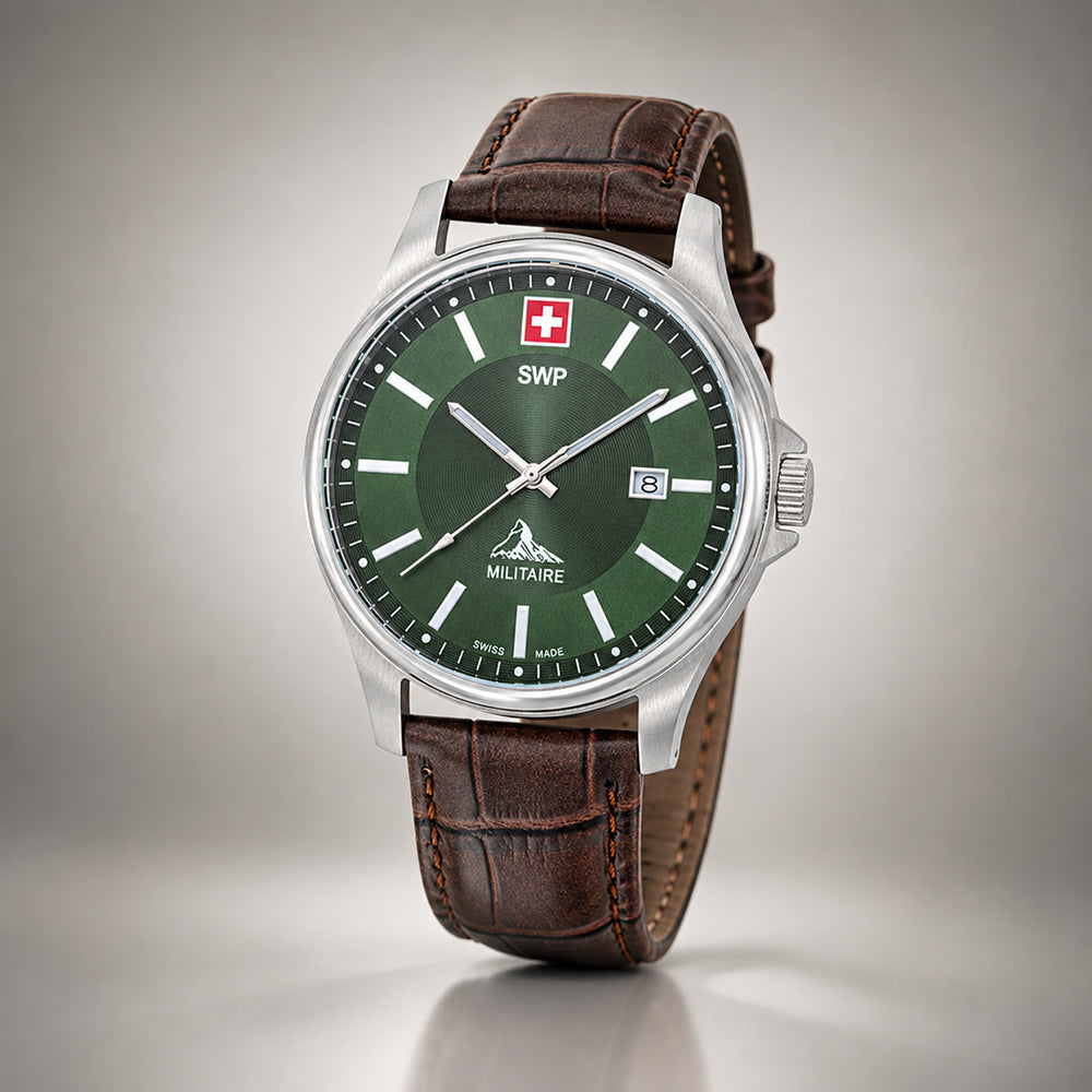 SWP Swiss Militaire Bernina Swiss Ronda 515 Watch with a Brown Dial and a Brown Leather Strap in a 42mm Silver Stainless Steel Case with 5 ATM H984ALV_8741624