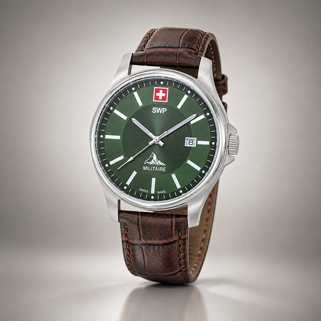 SWP Swiss Militaire Bernina Swiss Ronda 515 Watch with a Brown Dial and a Brown Leather Strap in a 42mm Silver Stainless Steel Case with 5 ATM H984ALV_8741624